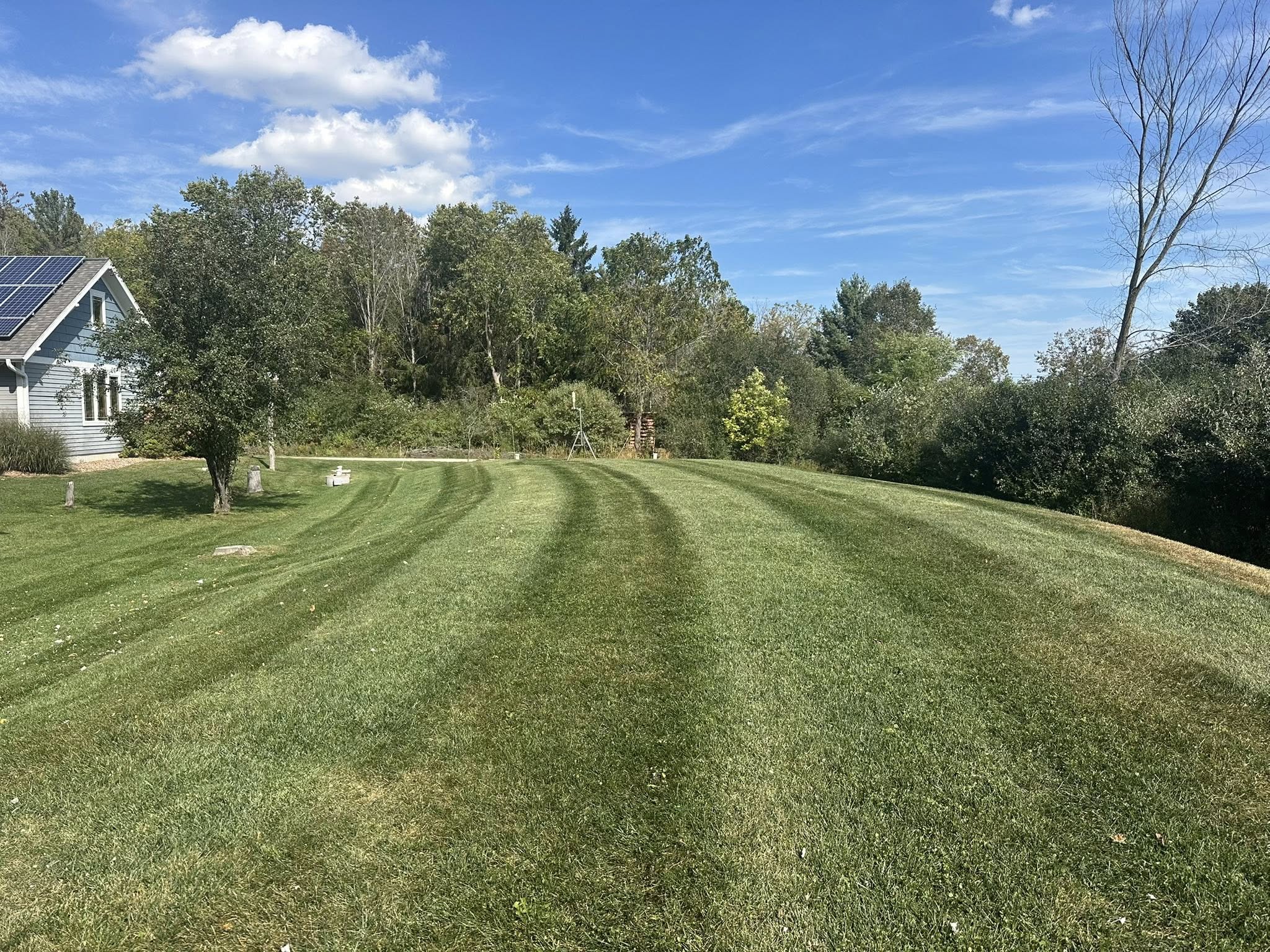 Wide green lawn under a blue sky with visible mowing pattern